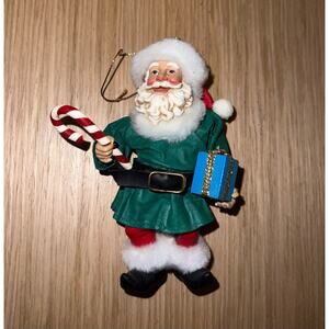 VINTAGE FolkArt Santa Claus w. Candy Mid West Ornament Green Suit
